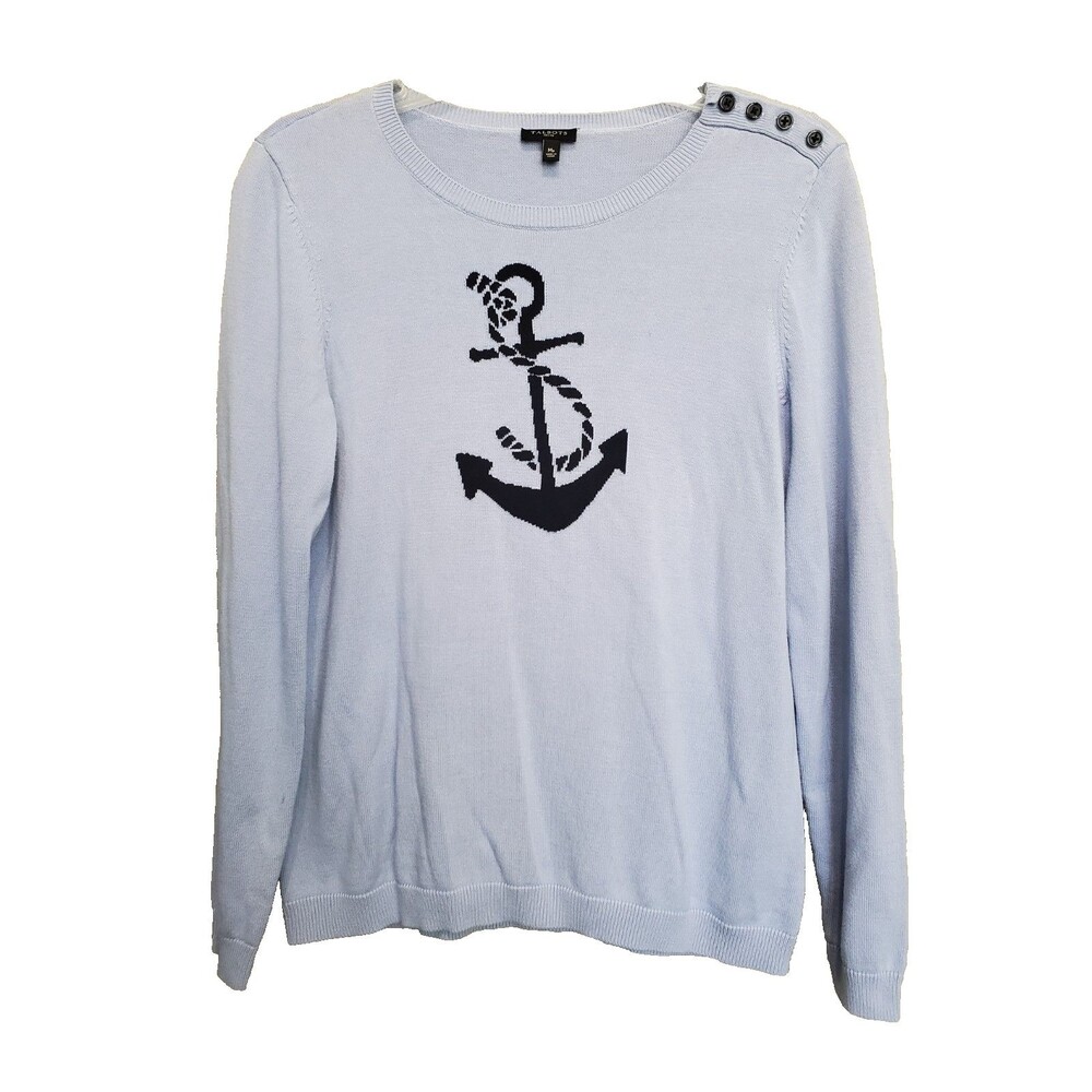 Talbots Petite Blue Cotton Blend Nautical Anchor Button-Accent Sweater Size MP